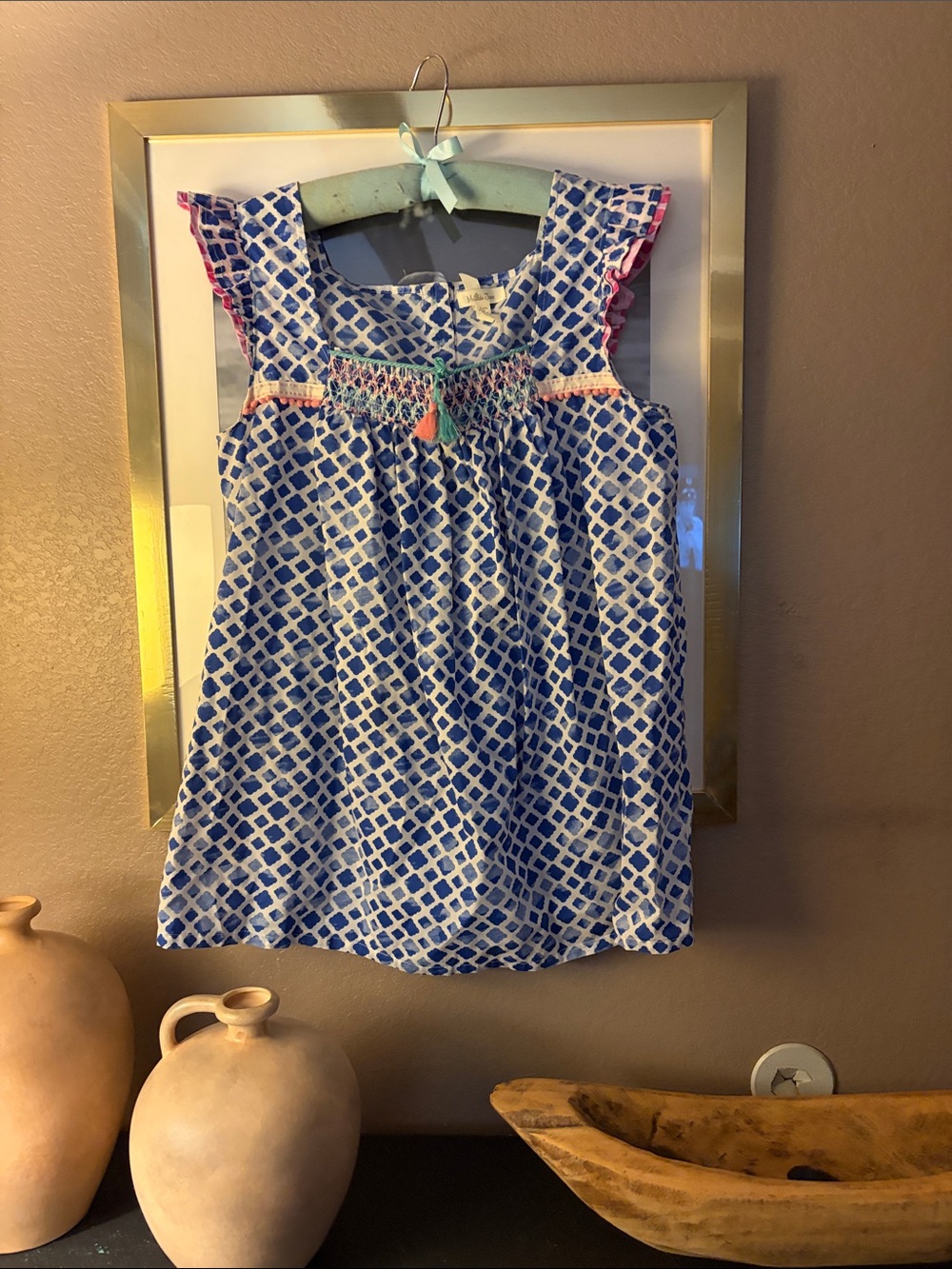 Matilda Jane Blue & White Geometric Smocked Dress with Colorful Tassels
